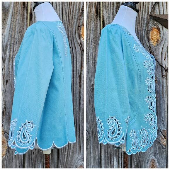 Blue Embroidered Blazer Bob Mackie L Stretch Jacket White Paisley Scallop Edge - Picture 3 of 10